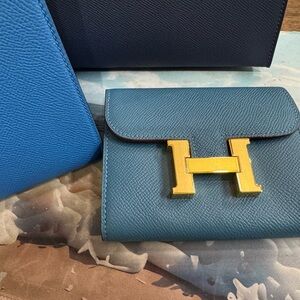 Constance Style Blue Leather Wallet with Gold H clasp